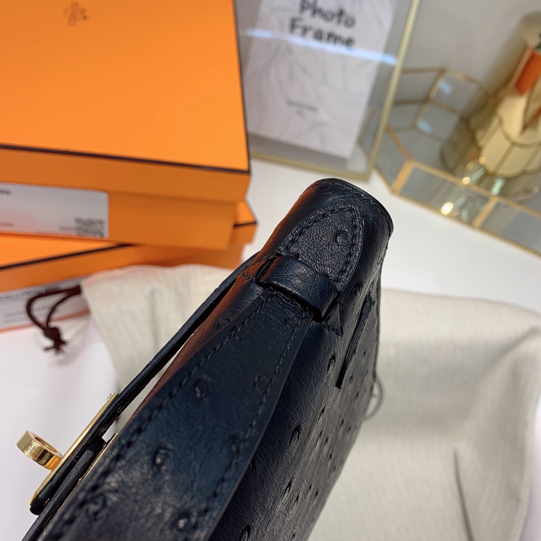 现货 爱马仕迷你凯莉包一代 Hermes Minikelly22CM 89黑色KK鸵鸟皮 金扣