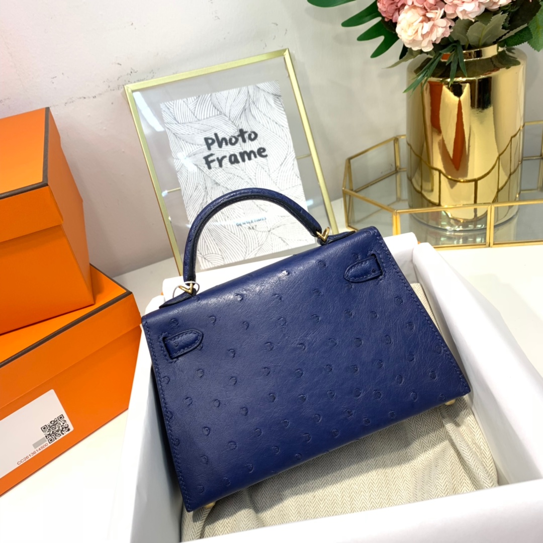 Hermes Minikelly2代 爱马仕宝石蓝KK鸵鸟皮迷你凯莉包2代 金扣