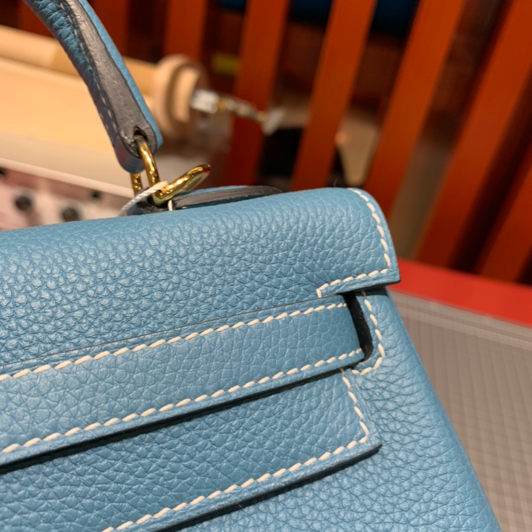 现货 爱马仕凯莉包批发 Hermes Kelly25cm 75牛仔蓝Togo皮 金扣