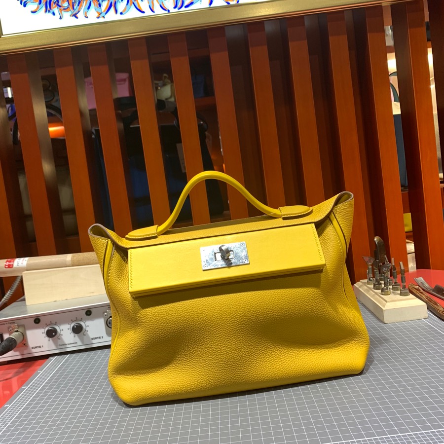 现货 爱马仕新款凯莉包 Hermes 24-24Kelly29cm 琥珀黄Togo皮 银扣