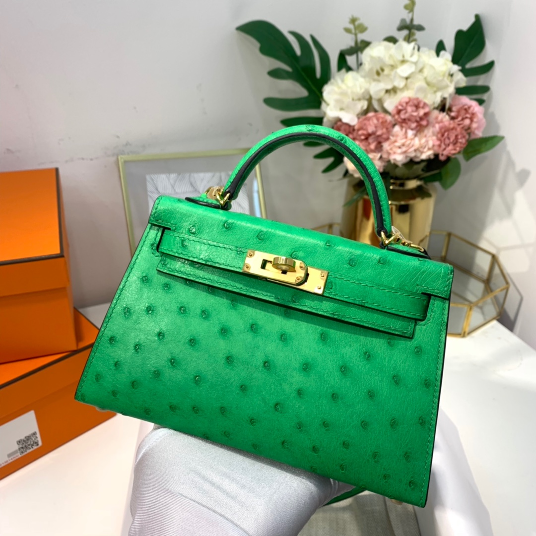 现货 Hermes Minikelly2代 爱马仕KK鸵鸟皮迷你凯莉包2代 竹子绿 金扣