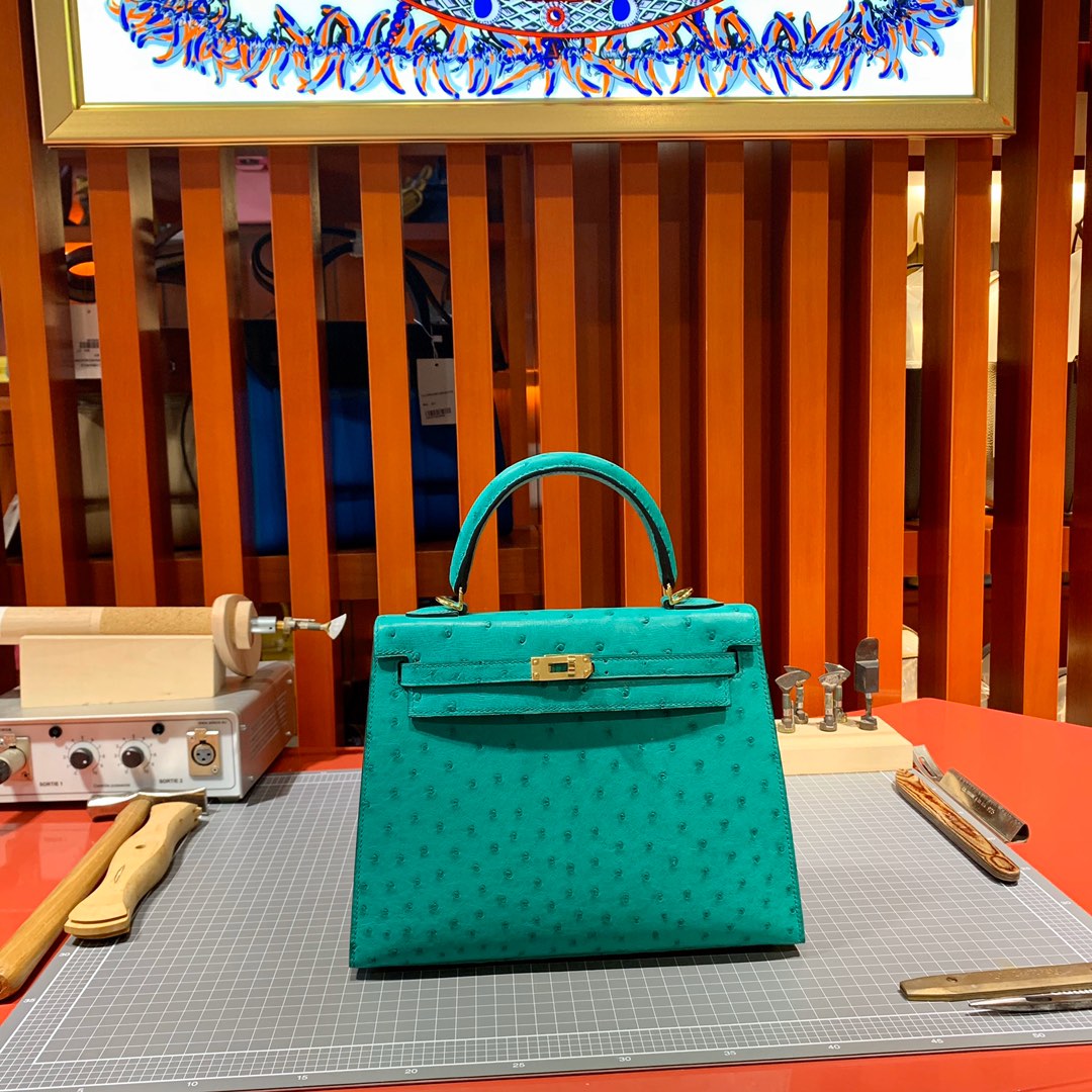 现货 爱马仕鸵鸟皮凯莉包 Hermes Kelly25cm 薄荷绿KK鸵鸟皮 金扣