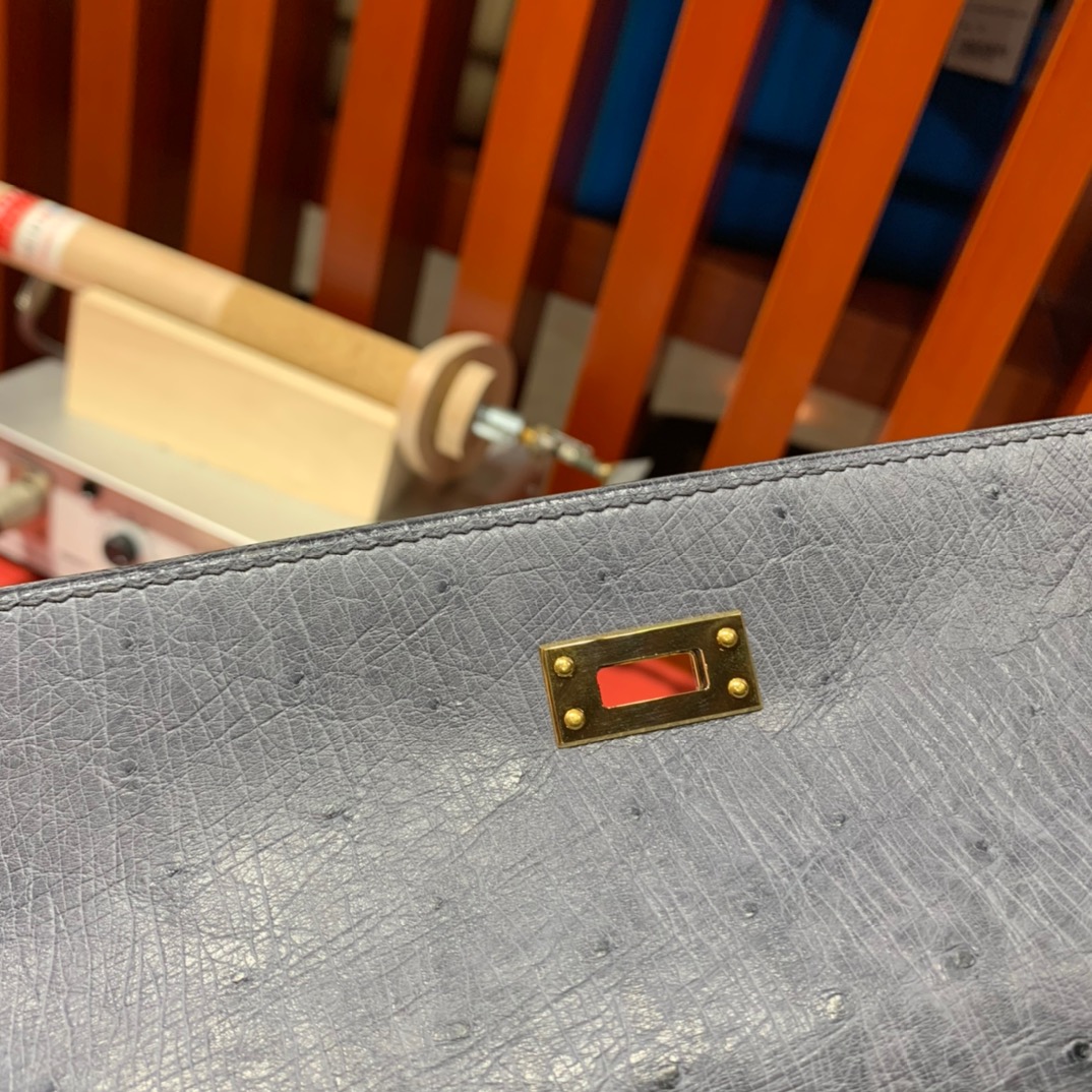 现货 爱马仕凯莉包价格 Hermes Kelly25CM 玛瑙灰KK鸵鸟皮 金扣