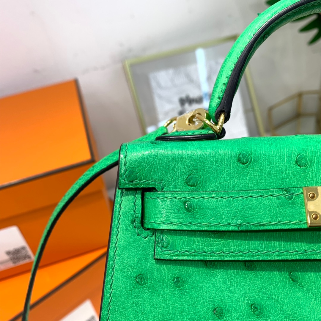 现货 Hermes Minikelly2代 爱马仕KK鸵鸟皮迷你凯莉包2代 竹子绿 金扣