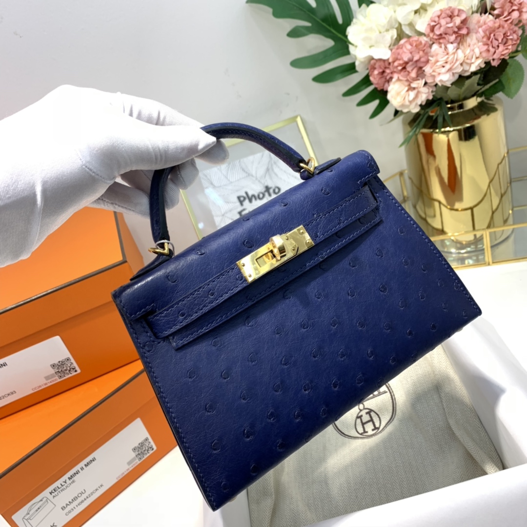 Hermes Minikelly2代 爱马仕宝石蓝KK鸵鸟皮迷你凯莉包2代 金扣