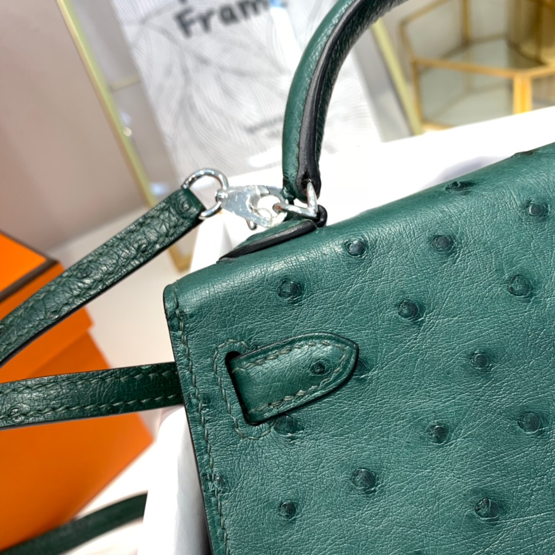现货 爱马仕手包 Hermes Minikelly19cm 孔雀绿KK鸵鸟皮迷你凯莉包2代 银扣