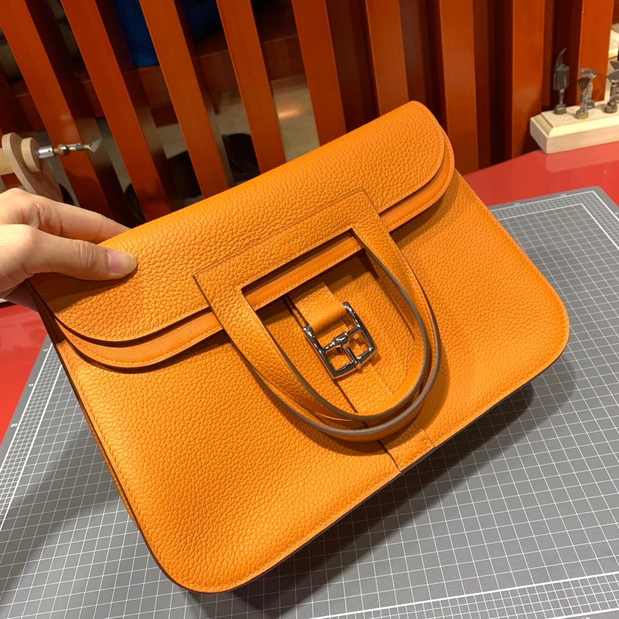 现货 爱马仕马蹄包 Hermes Halzan31CM 橙色进口Tc皮手提单肩包