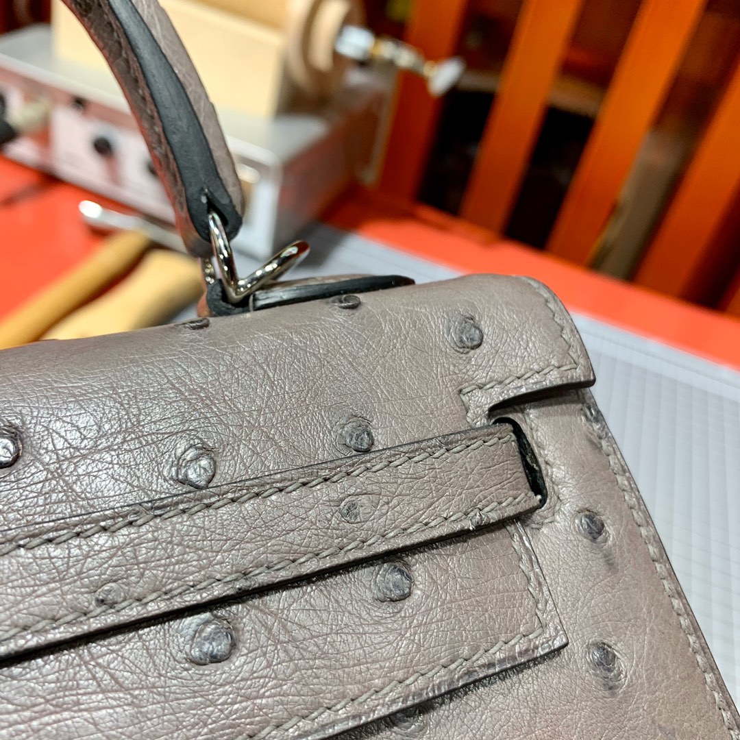 现货 Hermes Kelly25CM 爱马仕大象灰KK鸵鸟皮凯莉包 银扣