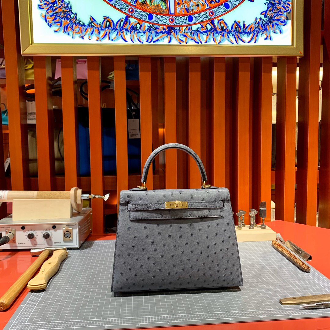 现货 爱马仕凯莉包价格 Hermes Kelly25CM 玛瑙灰KK鸵鸟皮 金扣