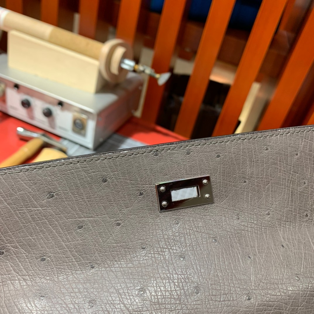现货 Hermes Kelly25CM 爱马仕大象灰KK鸵鸟皮凯莉包 银扣