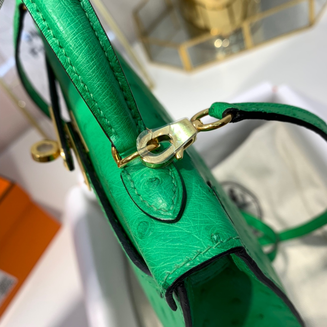 现货 Hermes Minikelly2代 爱马仕KK鸵鸟皮迷你凯莉包2代 竹子绿 金扣