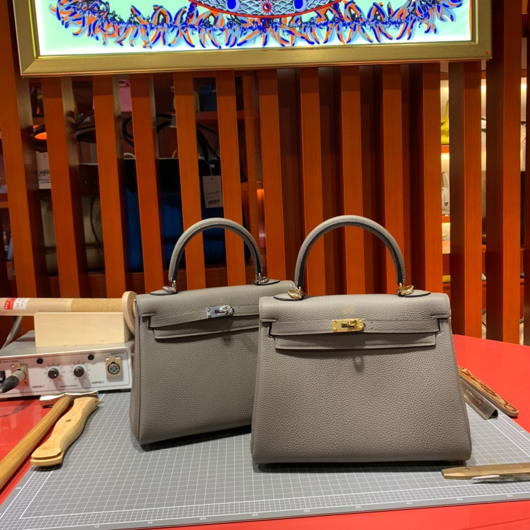 现货 爱马仕Kelly女包 Hermes Kelly25cm 8F锡器灰Togo皮凯莉包 金扣/银扣