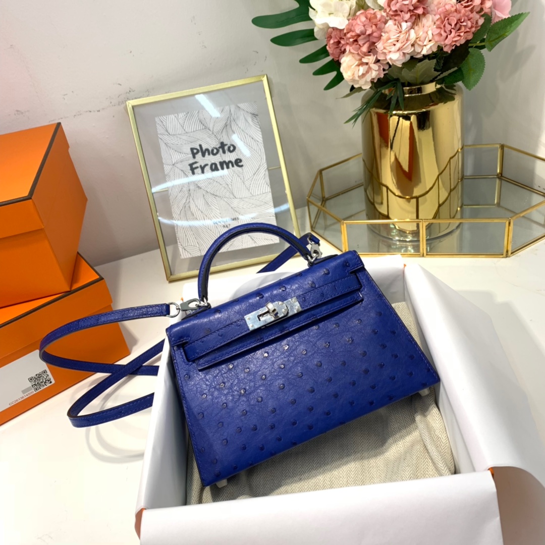 现货 爱马仕Minikelly2代手包 Hermes电光蓝KK鸵鸟皮迷你凯莉包2代 银扣