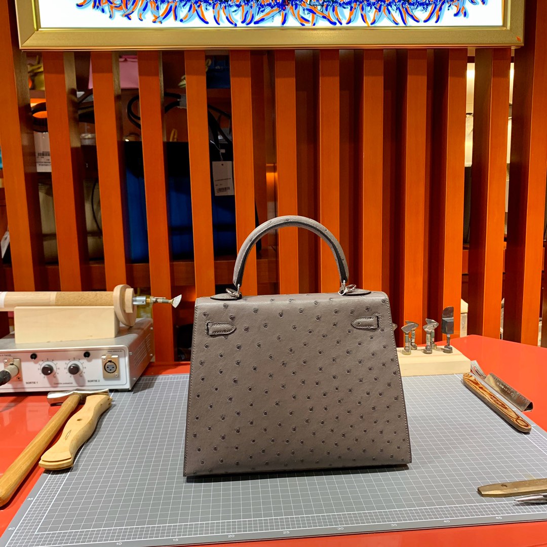 现货 Hermes Kelly25CM 爱马仕大象灰KK鸵鸟皮凯莉包 银扣