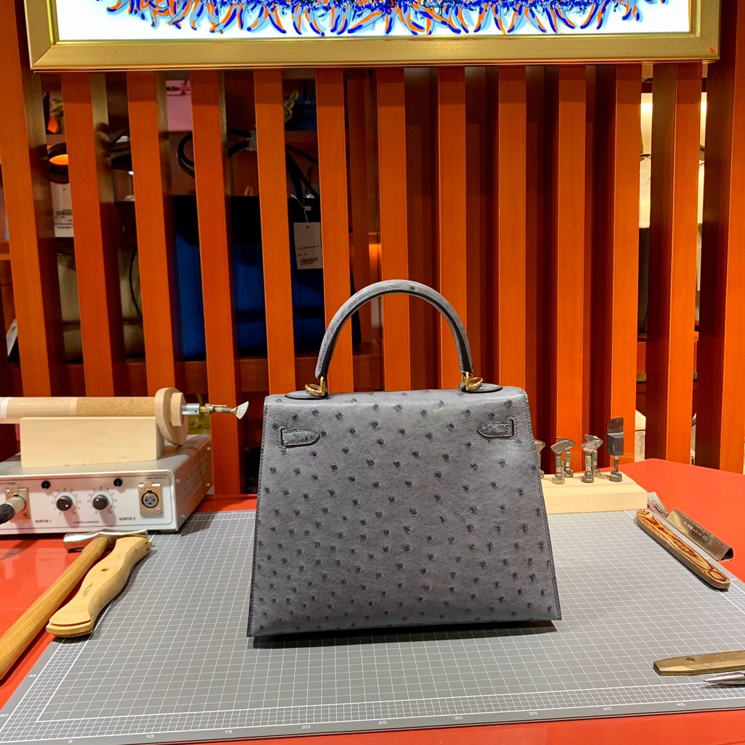 现货 爱马仕凯莉包价格 Hermes Kelly25CM 玛瑙灰KK鸵鸟皮 金扣