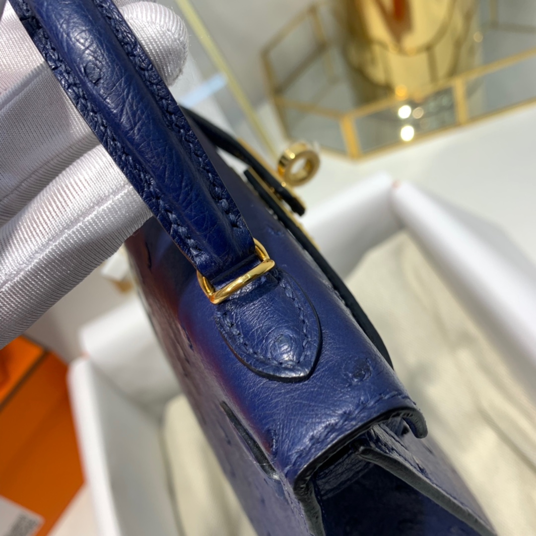 Hermes Minikelly2代 爱马仕宝石蓝KK鸵鸟皮迷你凯莉包2代 金扣