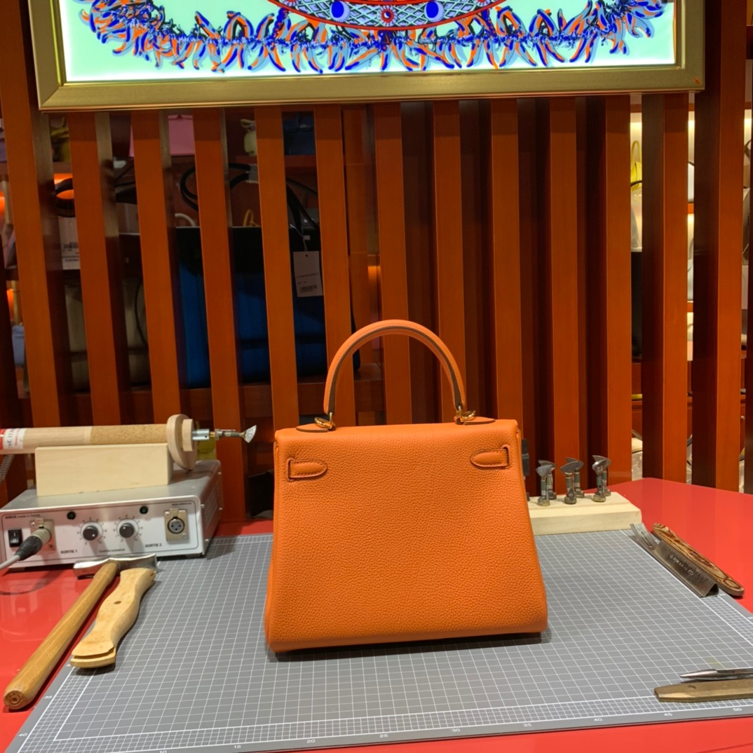 现货 爱马仕凯莉包 Hermes Kelly25CM 橙色Togo小牛皮 金扣/银扣