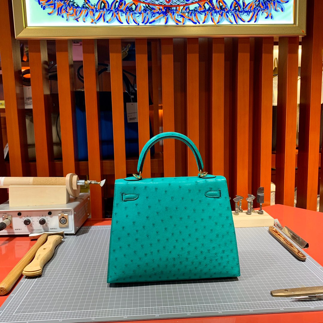 现货 爱马仕鸵鸟皮凯莉包 Hermes Kelly25cm 薄荷绿KK鸵鸟皮 金扣