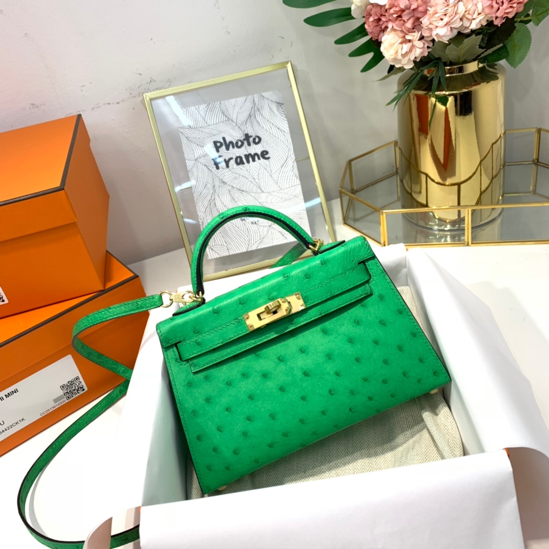 现货 Hermes Minikelly2代 爱马仕KK鸵鸟皮迷你凯莉包2代 竹子绿 金扣