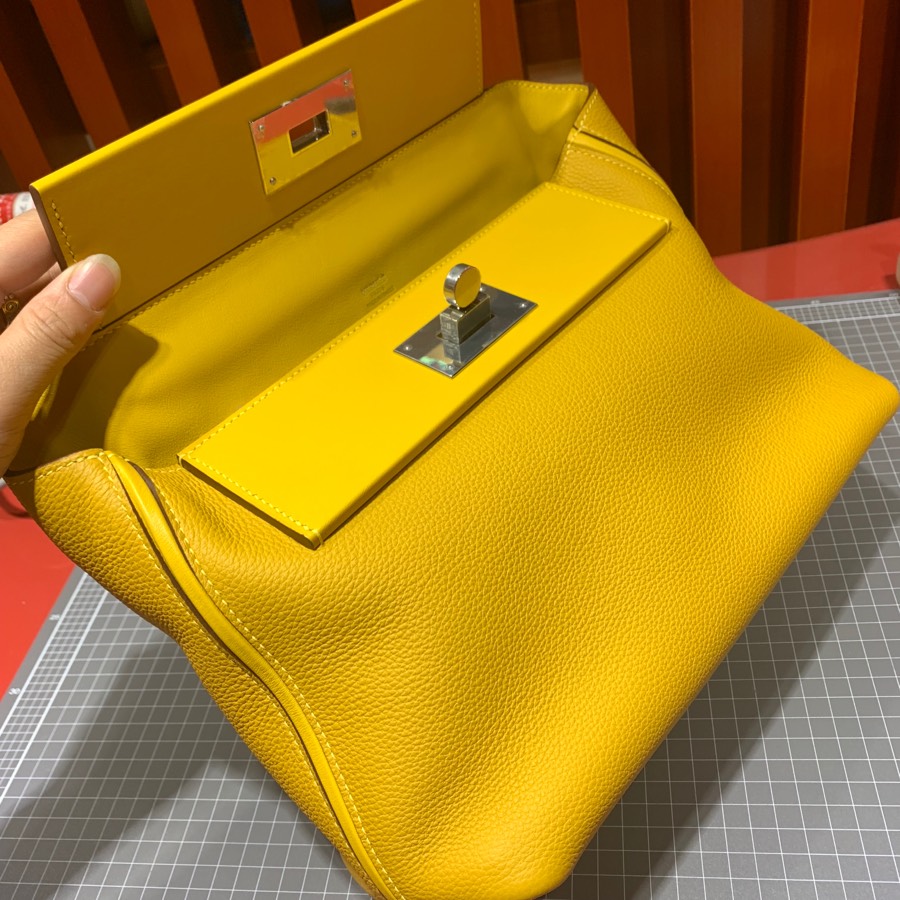 现货 爱马仕新款凯莉包 Hermes 24-24Kelly29cm 琥珀黄Togo皮 银扣