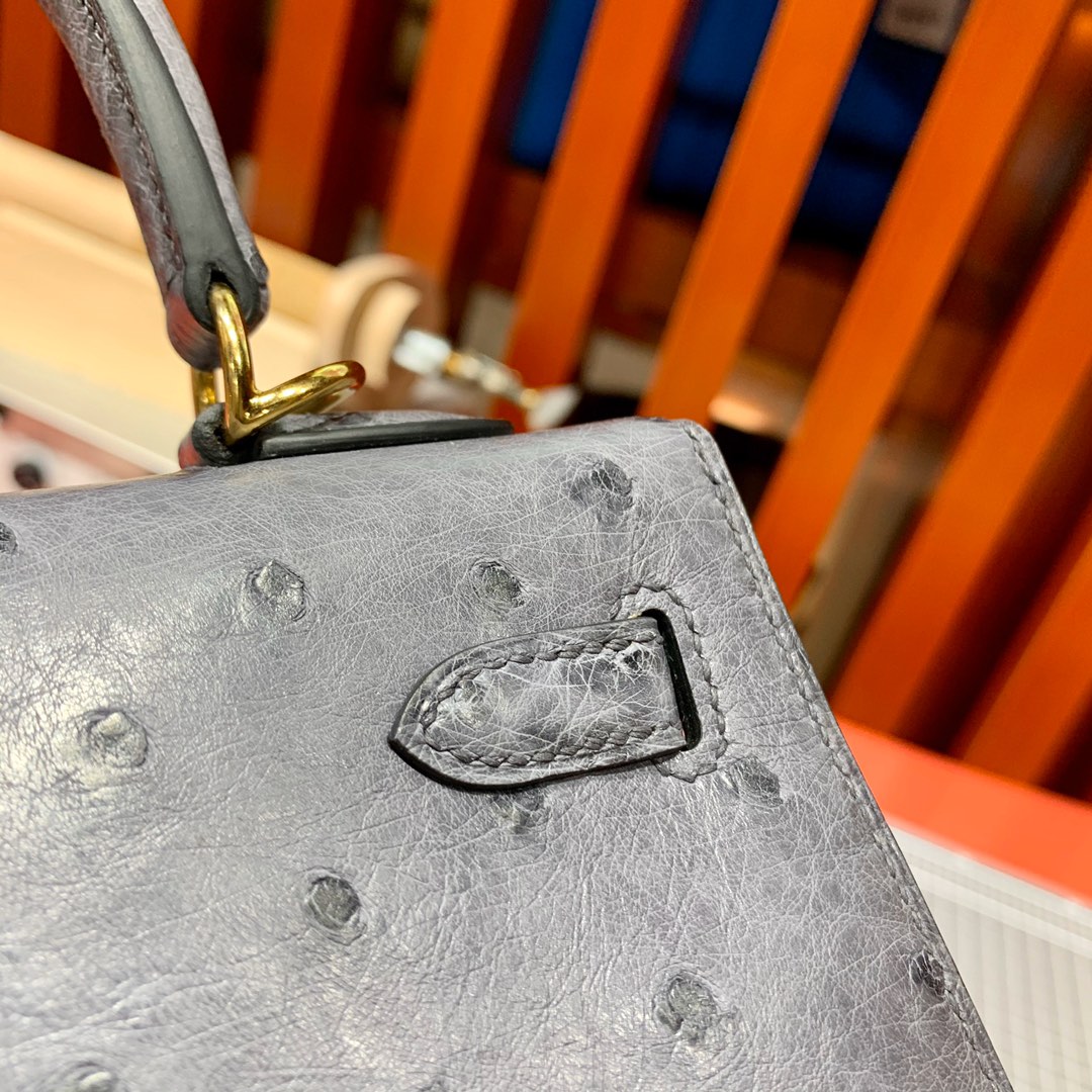 现货 爱马仕凯莉包价格 Hermes Kelly25CM 玛瑙灰KK鸵鸟皮 金扣