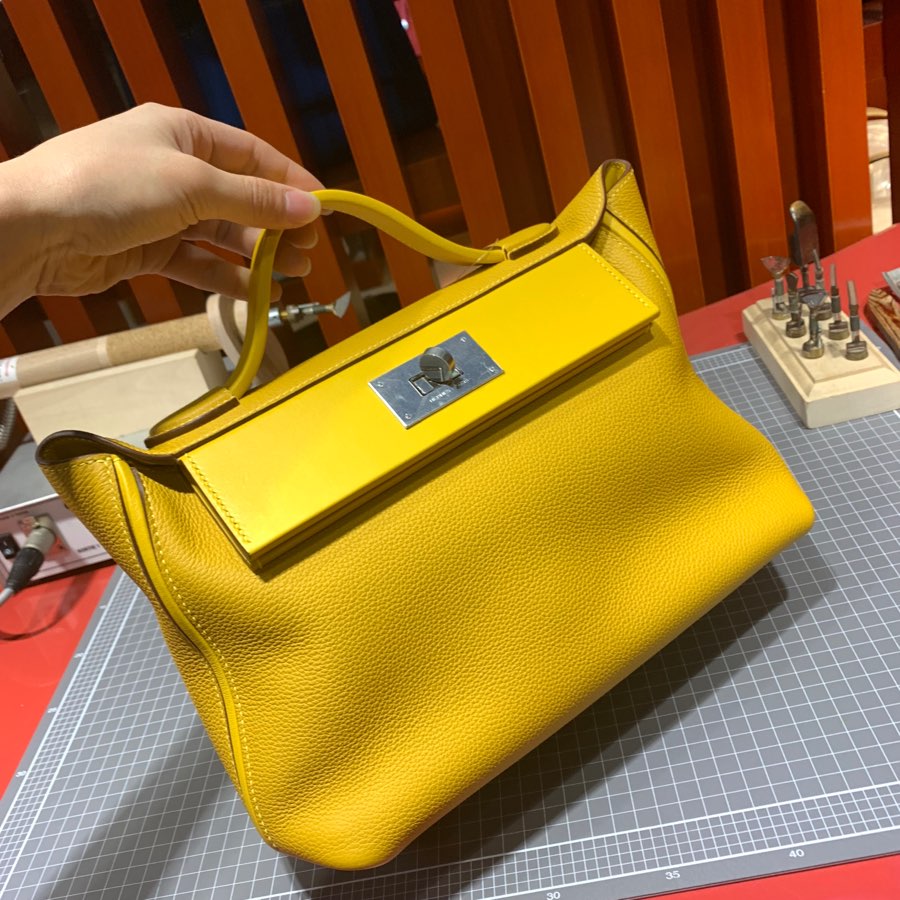 现货 爱马仕新款凯莉包 Hermes 24-24Kelly29cm 琥珀黄Togo皮 银扣