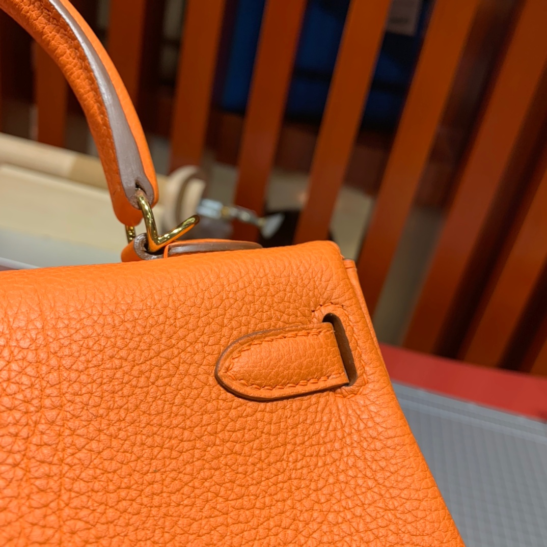 现货 爱马仕凯莉包 Hermes Kelly25CM 橙色Togo小牛皮 金扣/银扣