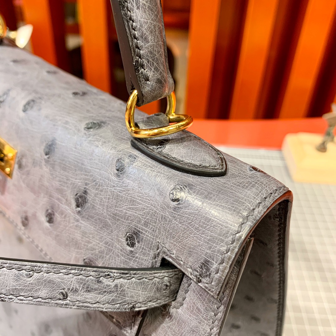 现货 爱马仕凯莉包价格 Hermes Kelly25CM 玛瑙灰KK鸵鸟皮 金扣