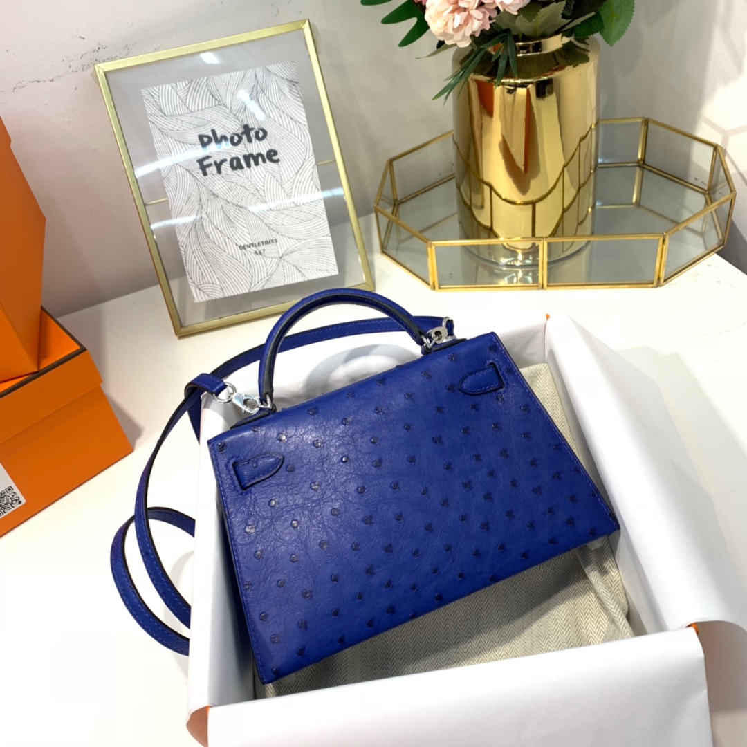 现货 爱马仕Minikelly2代手包 Hermes电光蓝KK鸵鸟皮迷你凯莉包2代 银扣