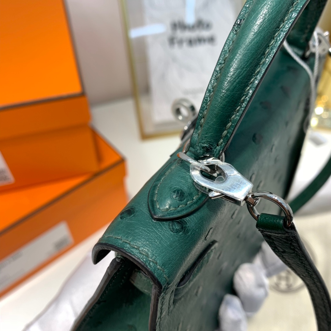 现货 爱马仕手包 Hermes Minikelly19cm 孔雀绿KK鸵鸟皮迷你凯莉包2代 银扣