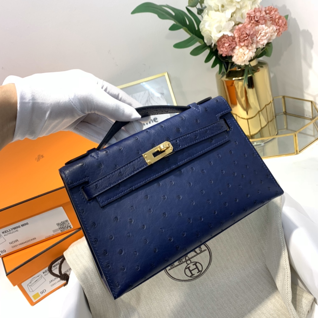 现货 Hermes手包批发 爱马仕73宝石蓝KK鸵鸟皮迷你凯莉包 金扣