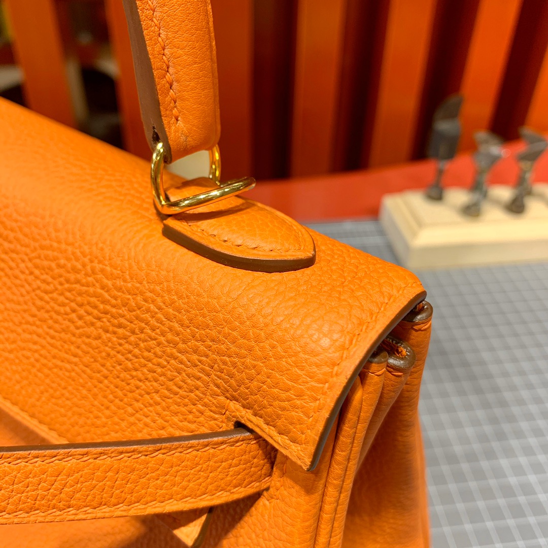 现货 爱马仕凯莉包 Hermes Kelly25CM 橙色Togo小牛皮 金扣/银扣