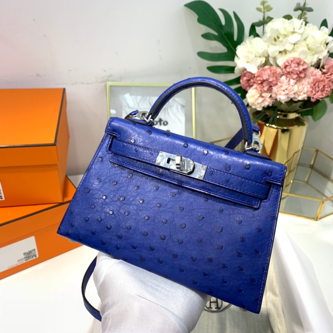 现货 爱马仕Minikelly2代手包 Hermes电光蓝KK鸵鸟皮迷你凯莉包2代 银扣