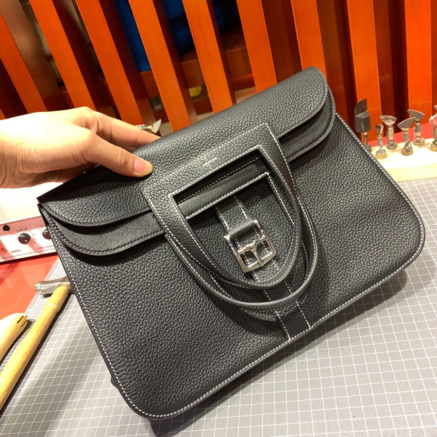 现货 爱马仕马蹄包价格 Hermes Halzan31CM 黑色进口Tc皮手提包
