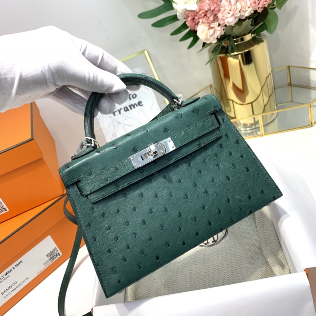 现货 爱马仕手包 Hermes Minikelly19cm 孔雀绿KK鸵鸟皮迷你凯莉包2代 银扣
