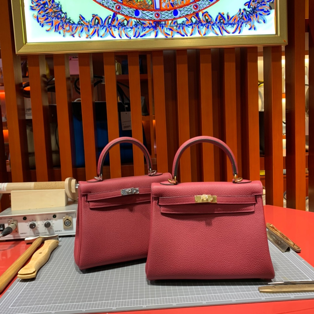 现货 Hermes女包批发 爱马仕B5宝石红Togo皮凯莉包Kelly25CM 金/银扣