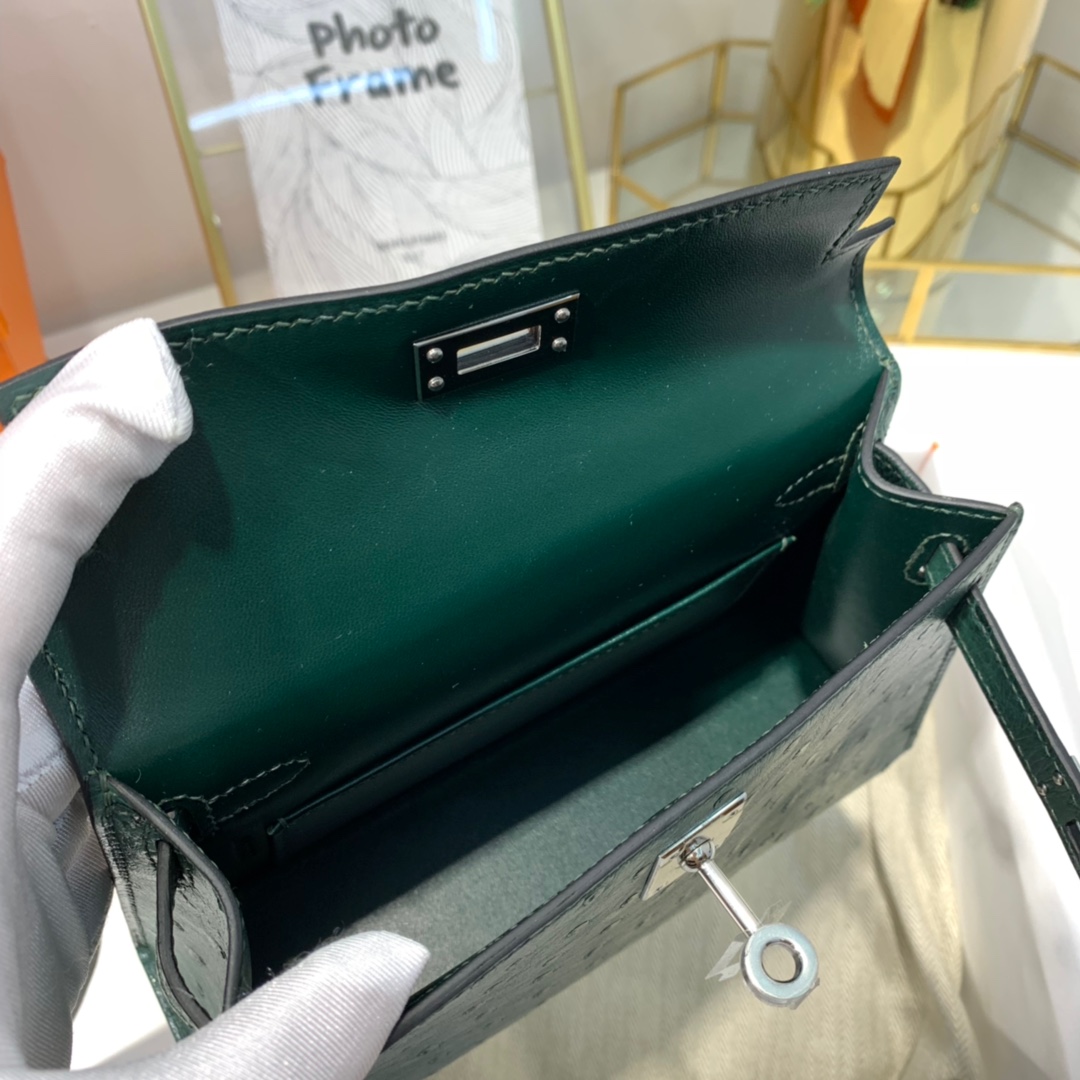 现货 爱马仕手包 Hermes Minikelly19cm 孔雀绿KK鸵鸟皮迷你凯莉包2代 银扣