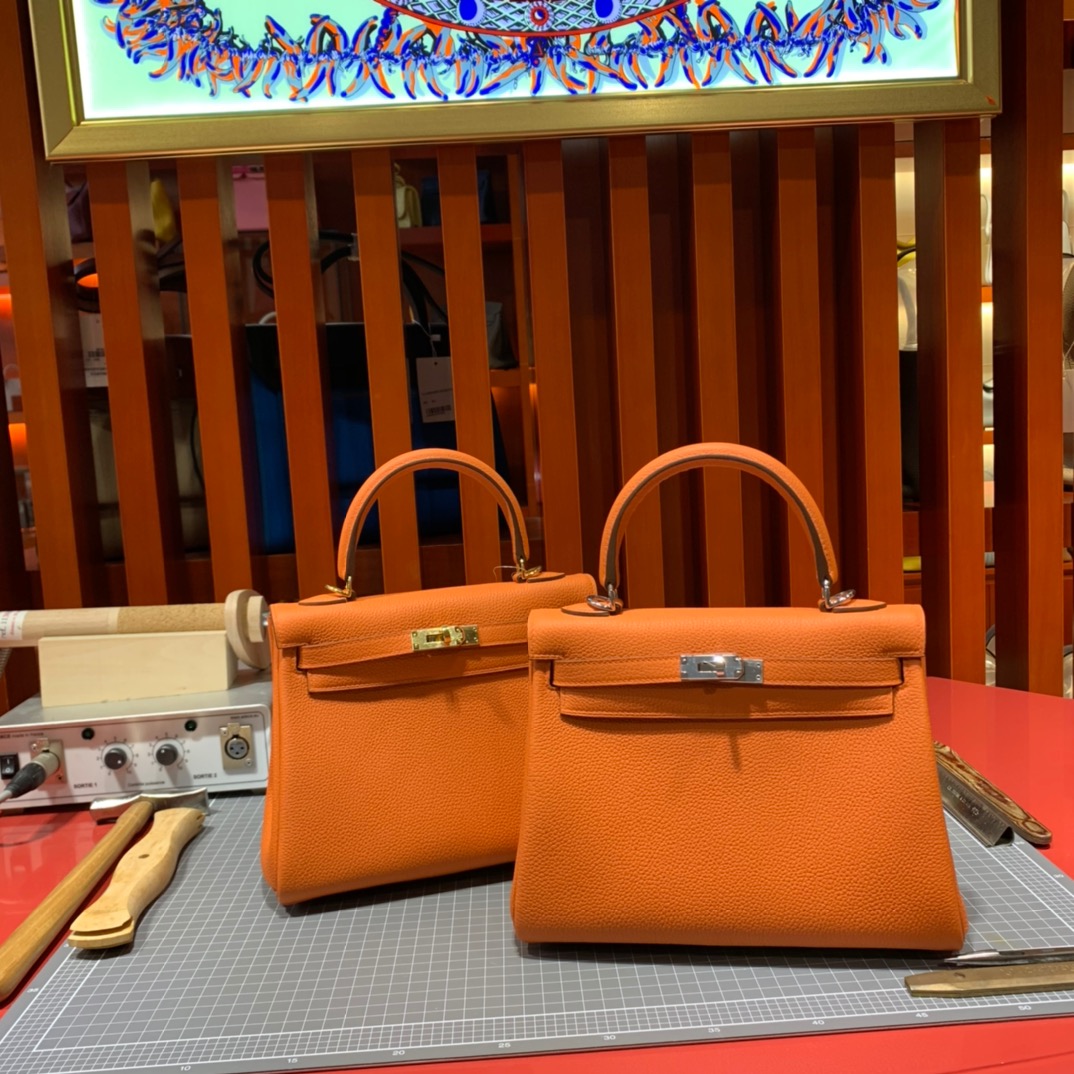 现货 爱马仕凯莉包 Hermes Kelly25CM 橙色Togo小牛皮 金扣/银扣