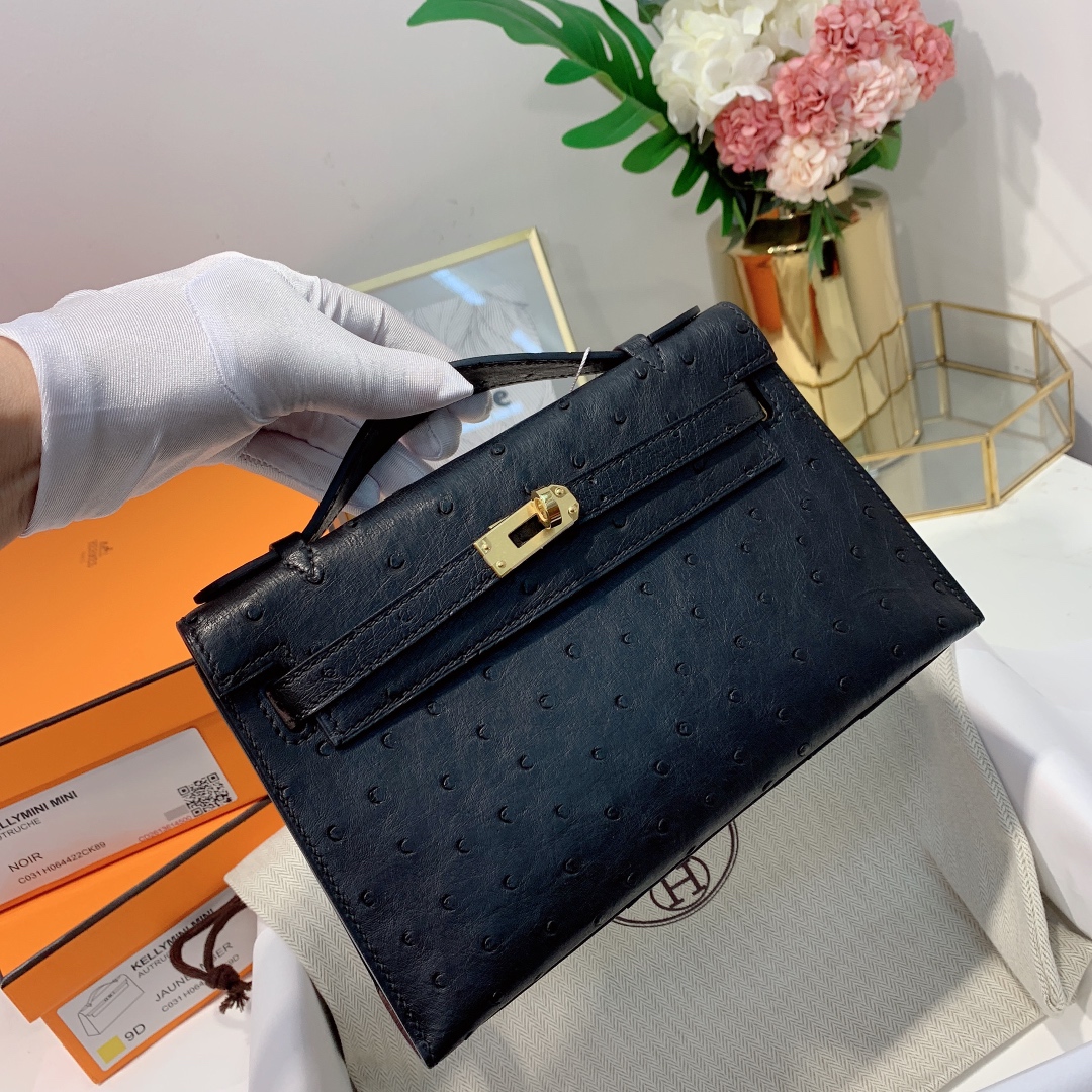 现货 爱马仕迷你凯莉包一代 Hermes Minikelly22CM 89黑色KK鸵鸟皮 金扣
