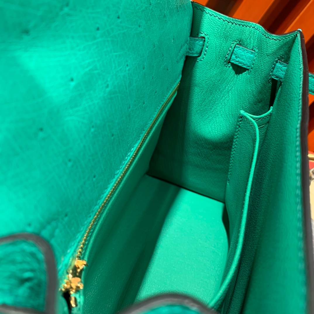 现货 爱马仕鸵鸟皮凯莉包 Hermes Kelly25cm 薄荷绿KK鸵鸟皮 金扣