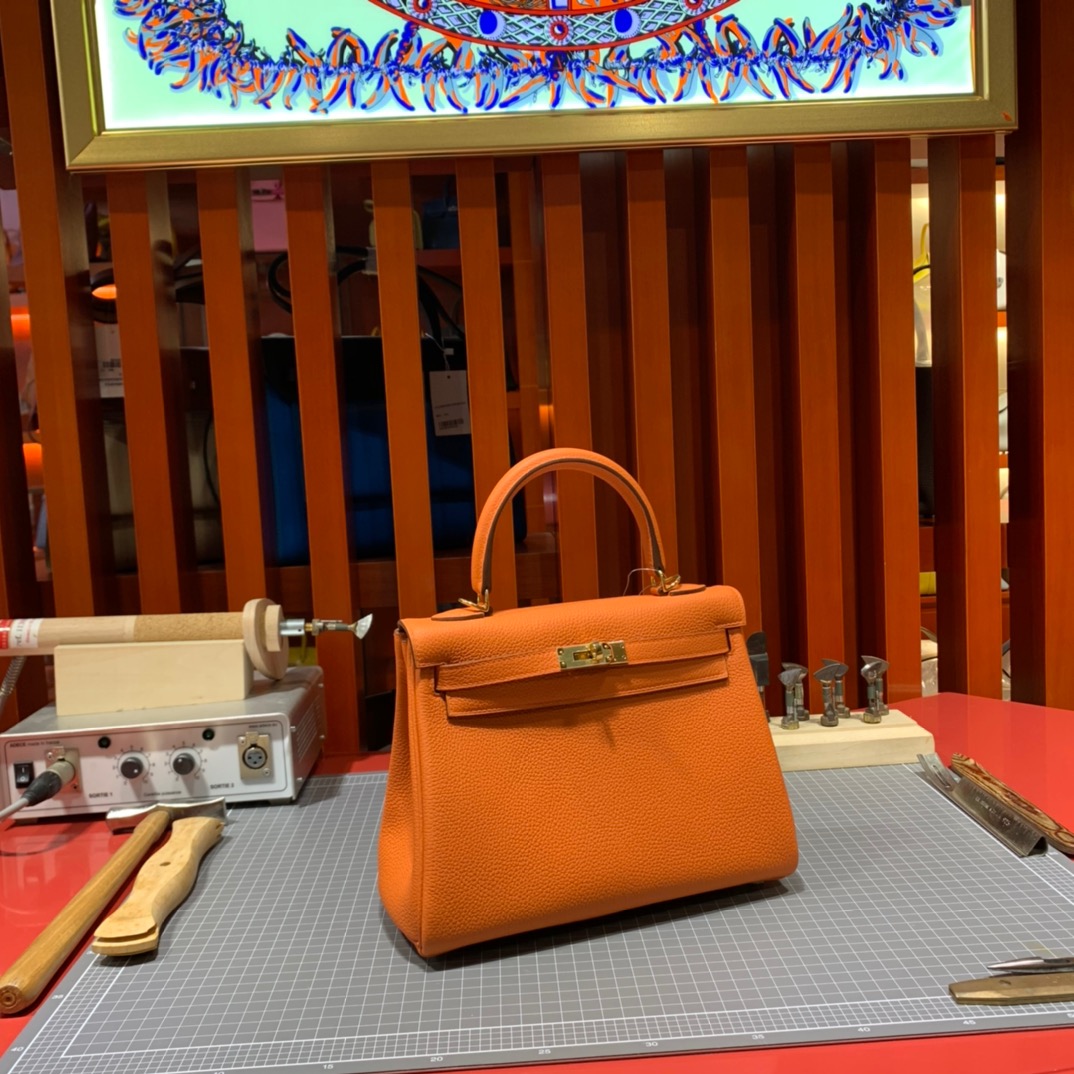 现货 爱马仕凯莉包 Hermes Kelly25CM 橙色Togo小牛皮 金扣/银扣