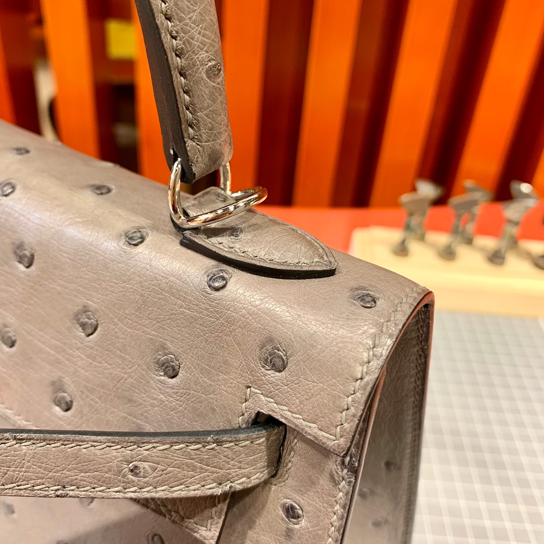 现货 Hermes Kelly25CM 爱马仕大象灰KK鸵鸟皮凯莉包 银扣