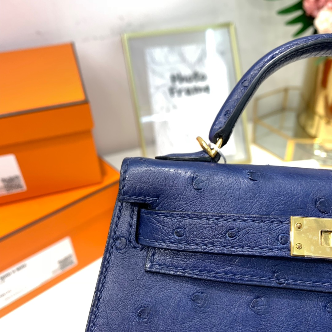 Hermes Minikelly2代 爱马仕宝石蓝KK鸵鸟皮迷你凯莉包2代 金扣