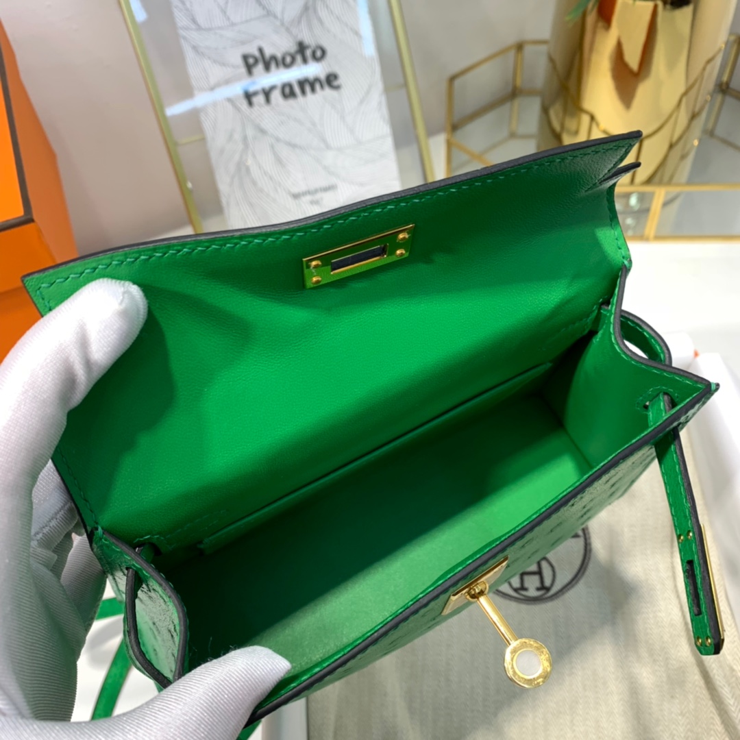 现货 Hermes Minikelly2代 爱马仕KK鸵鸟皮迷你凯莉包2代 竹子绿 金扣