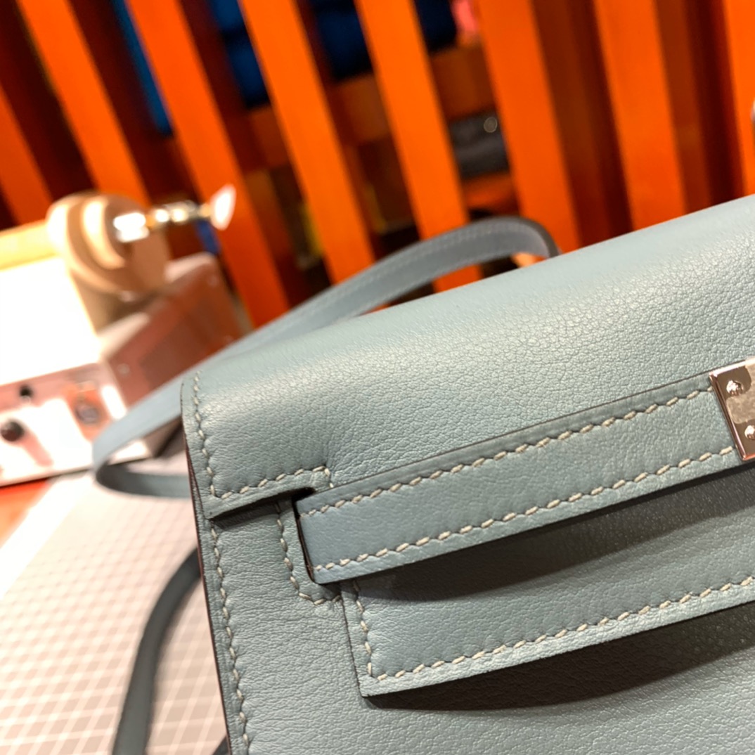 爱马仕新款女包 Hermes Kelly Danse Swift牛皮J7亚麻蓝 银扣