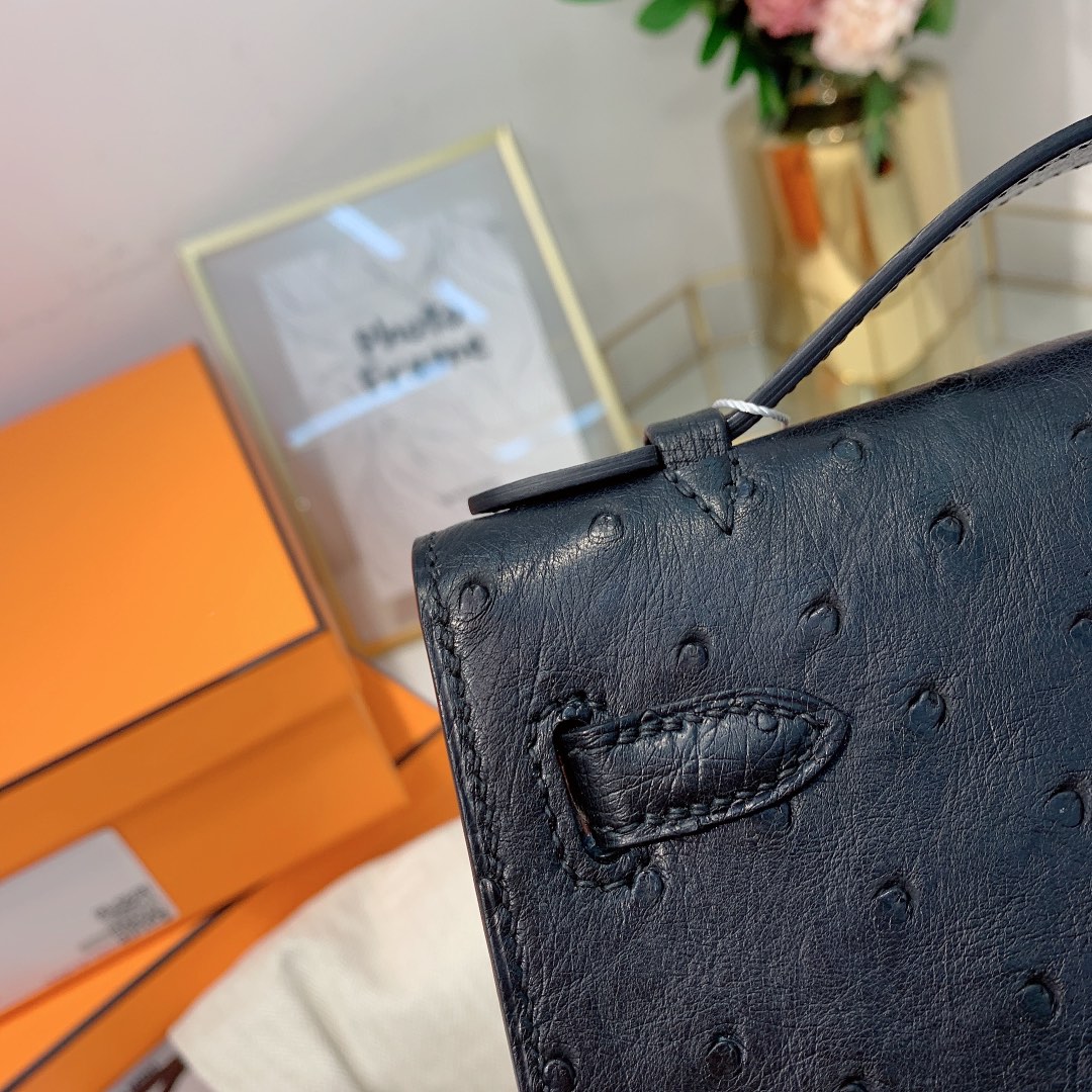 现货 爱马仕迷你凯莉包一代 Hermes Minikelly22CM 89黑色KK鸵鸟皮 金扣
