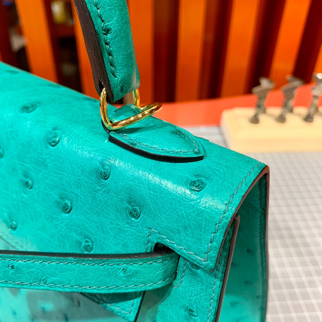 现货 爱马仕鸵鸟皮凯莉包 Hermes Kelly25cm 薄荷绿KK鸵鸟皮 金扣