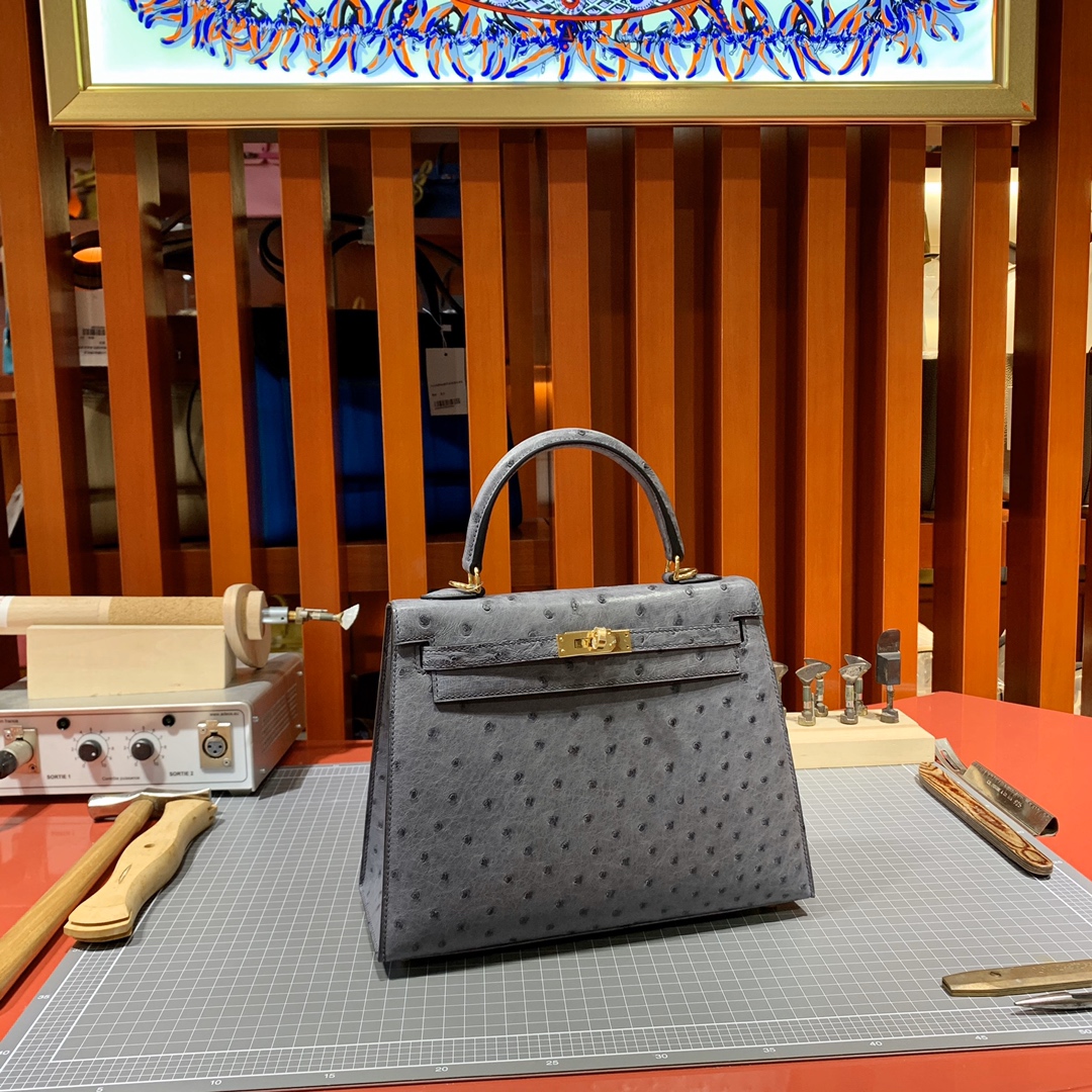 现货 爱马仕凯莉包价格 Hermes Kelly25CM 玛瑙灰KK鸵鸟皮 金扣