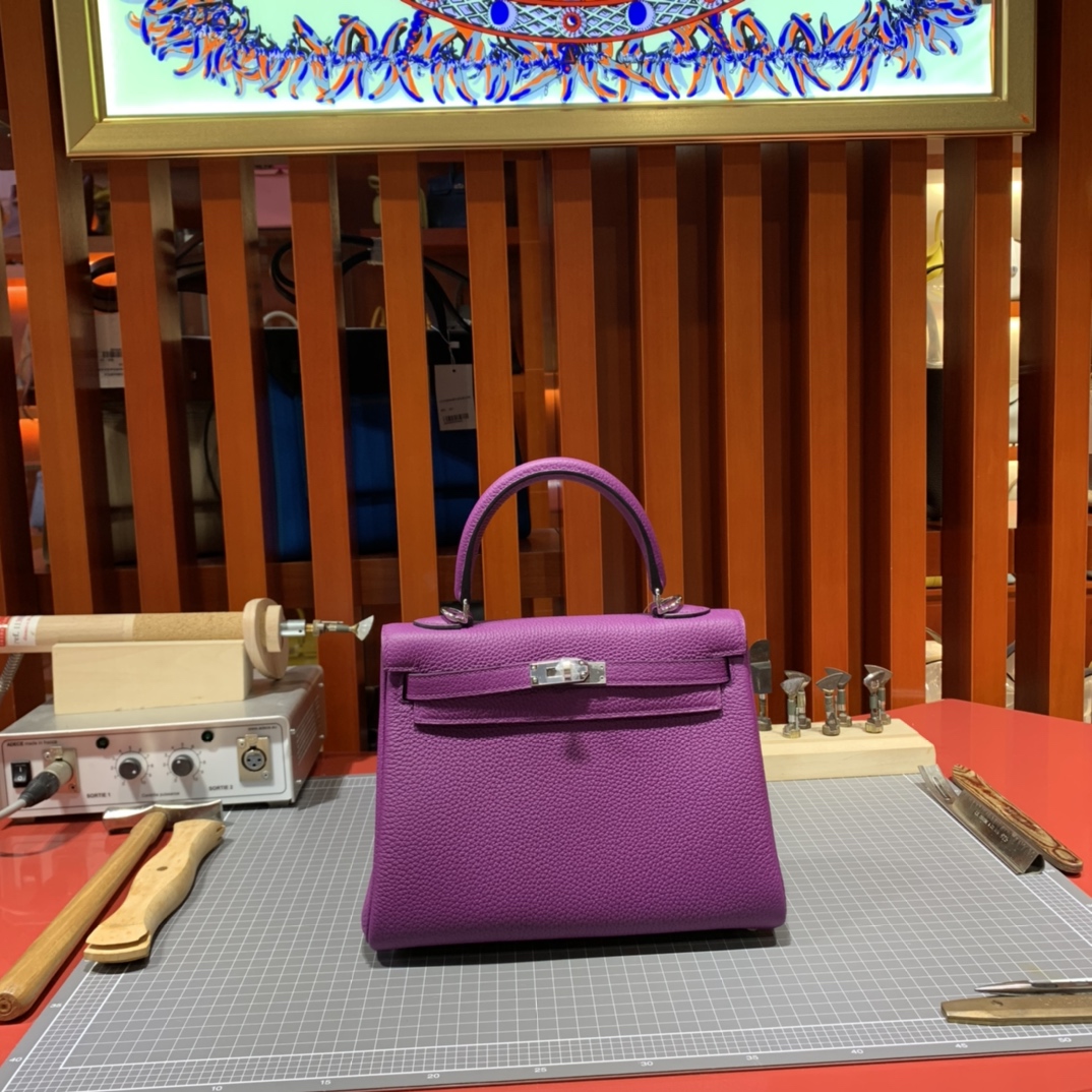 现货 Hermes Kelly25cm 爱马仕P9海葵紫Togo皮凯莉包 金/银扣