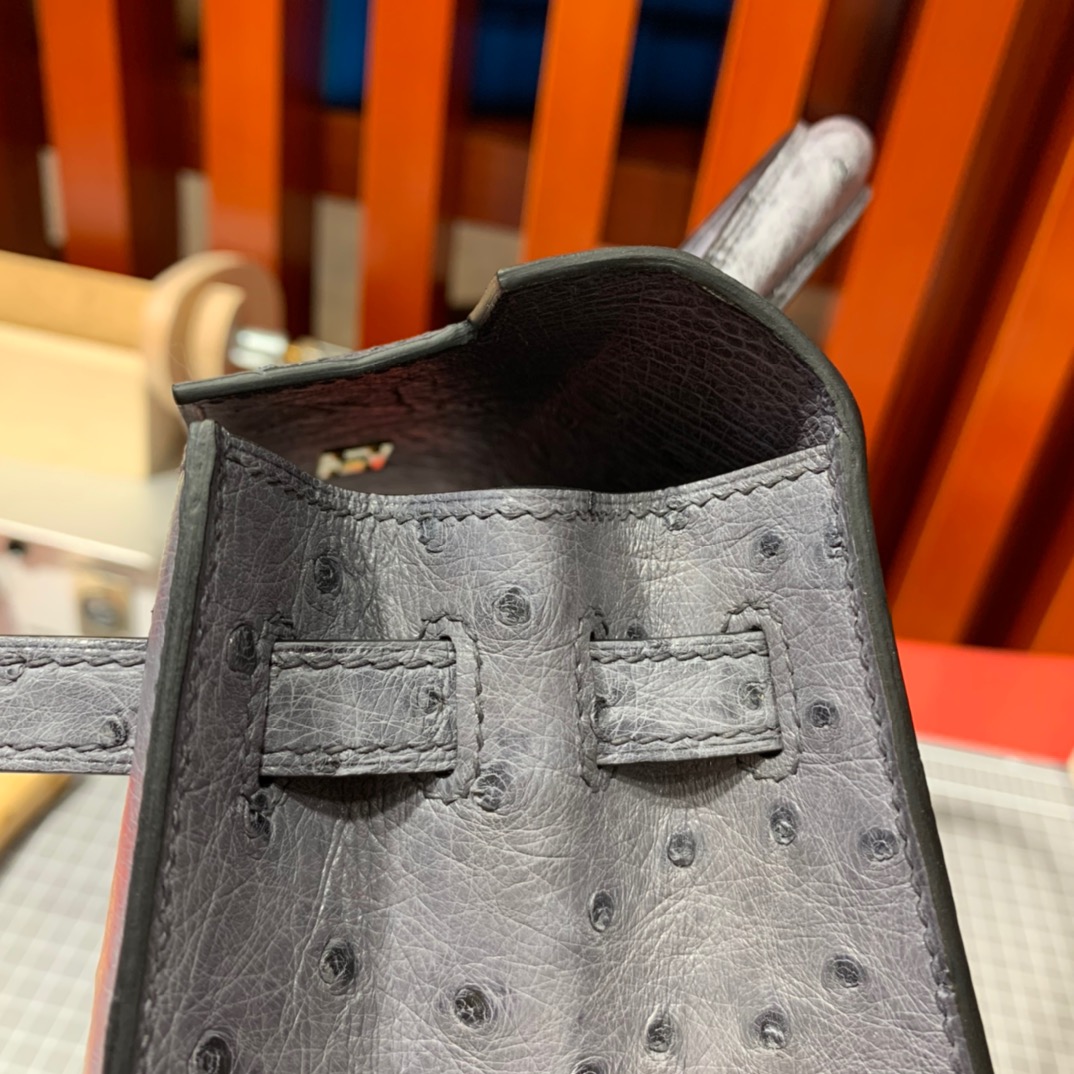 现货 爱马仕凯莉包价格 Hermes Kelly25CM 玛瑙灰KK鸵鸟皮 金扣